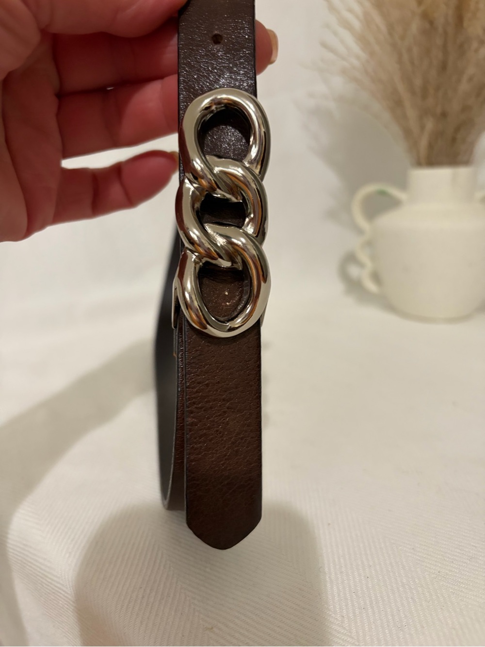 LANDES Brown Leather Women Belt Metal Silver Chain Buckle Statement Chunky S/P